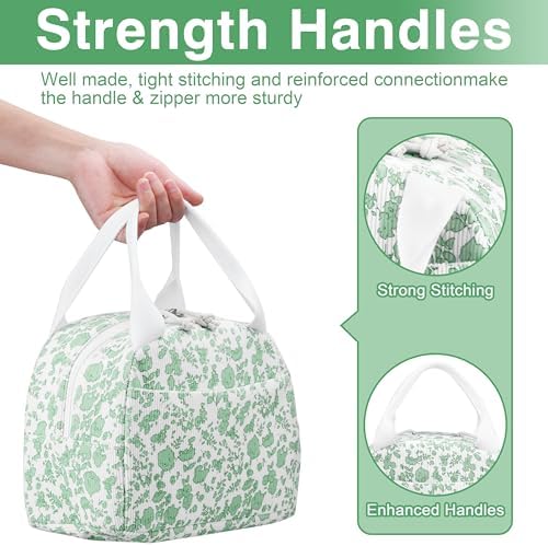 TESAFNG Lunch Bag - Insulated Lunch Box for Women, Reusable Large Capacity Cooler Bag for Adult, Small Leakproof Cute Corduroy Lunch Tote for Work Office Travel Picnic (Corduroy Green-Flower)