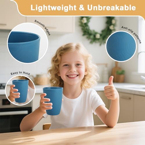 Kids Cups Set of 6, Plastic Drinking Glasses 12 OZ - Blue