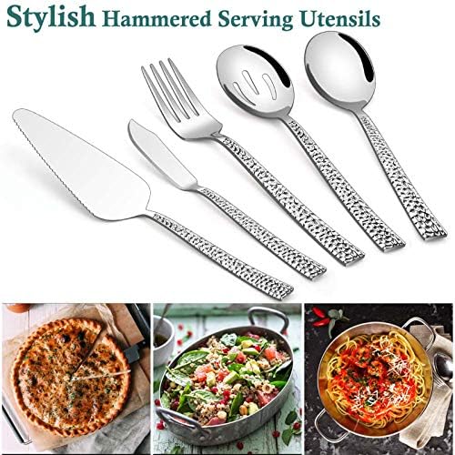 E-far Hammered Serving Utensils, 5-Piece Stainless Steel Square Hostess Serving Set for Buffet Party Kitchen Restaurant, Mirror Finished & Dishwasher Safe