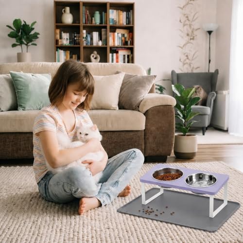 Summark Upgraded Elevated Cat Bowls with Food Mat,15°Tilted Stand Anti Vomiting Raised Cat Dishes for Food and Water,2 Stainless Steel Bowls for Cats and Puppy（Lavender）