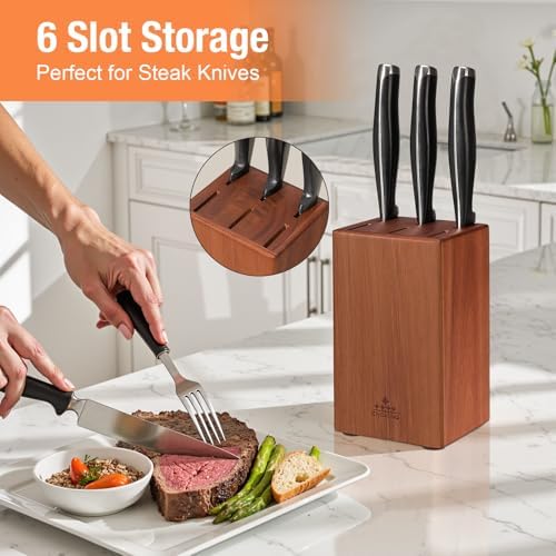 ENOKING 5.5" Steak Knife Block without Knives，Acacia Wood Knife Holder with 6 Slot, Small Knife Storage for Home/Kitchen