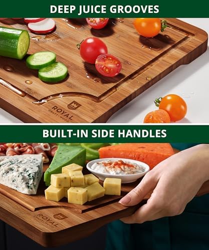 ROYAL CRAFT WOOD Wooden Cutting Boards for Kitchen Appliances - Non Toxic Bamboo Wood Cutting Board Set with Deep Juice Groove, Side Handles, Charcuterie & Butcher Block for Meat, Meal Prep & Serving