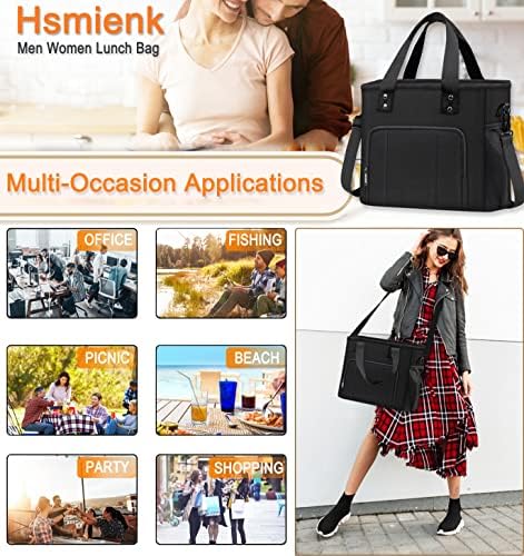 Hsmienk Large Lunch Bag Women, Leakproof Insulated Reusable Water Resistant Lunch Box with Adjustable Shoulder, Adults Lunchbox for Work, Black
