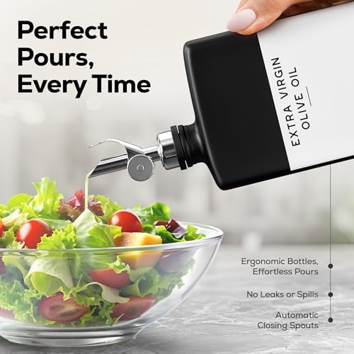 Black Glass Olive Oil Dispenser Bottle for Kitchen by Brighter Barns - Soy Sauce Dispenser, Coffee Syrup Bottle - Kitchen Decor for Restaurant, Airbnb, Coffee Bar Accessories (Black/Silver, Set of 2)