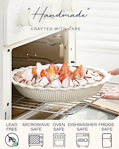 getstar Ceramic Pie Pan Set of 2, 9 inch Pie Dish for Baking, Non-Stick, Oven & Dishwasher Safe, Farmhouse Decor Quiche Baking Dish, Pie Plate, Deep Dish Pie Pan (Embossed Stripes+Dots)
