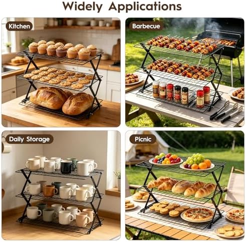 3-Tier Upgraded Stackable Cookie Cooling Rack-Collapsible Cooling Racks for Cooking And Baking Rack with Adjustable, Multifunctional Baking Cooling Rack for Cookies, Roasting, Countertop