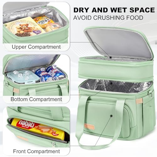 MAPLELILY Lunch Box for Men Women - Double Deck Insulated Lunch Bag, Large Leak Proof Tote Cooler, Wide Open Dual Compartment Lunch Bags with Shoulder Strap, For Work Picnic Hiking Beach, Green