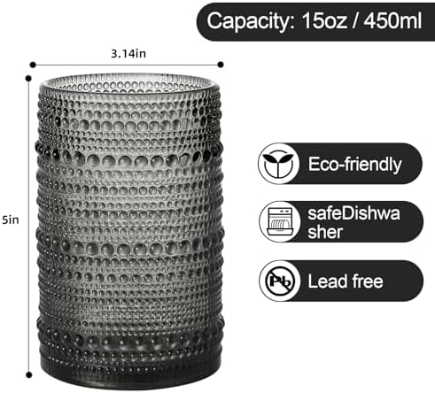 ZMOWIPDL Drinking Glasses Set of 6,15 oz Grey Hobnail Glass Cups