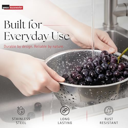 Amco 3-Piece Stainless Steel Colander Set, 1.5 Qt, 3 Qt & 5 Qt - Silver