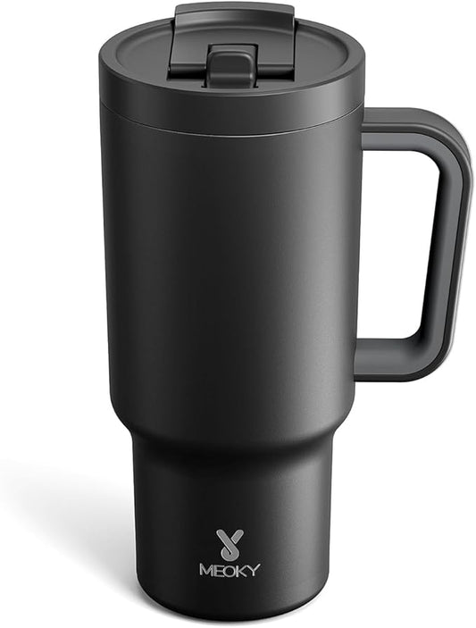 Meoky 32 oz Tumbler with Handle and Flip Straw, 100% Leakproof Tumbler with Lid and Straw, Stainless Steel Insulated Cup, Cupholder Friendly, Keeps Cold for 24 Hours (Night)