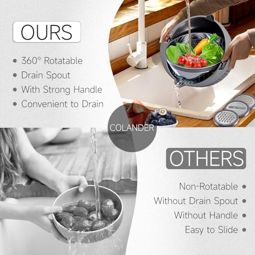 4-1 Colander with Lid Set - Rotatable Strainer With Bowl(Patented), Pasta Strainer with New Upgraded Graters, Strainer And Colanders, Fruit Cleaner, Veggie Wash, Apartment Kitchen Gadgets - Grey