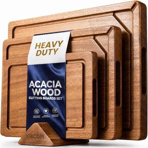 Kikcoin Acacia Wood Cutting Board Set of 3, Wooden Cutting Boards for Kitchen with Deep Juice Grooves, Butcher Block Wooden Chopping Board for Meat, Large Solid Charcuterie Boards Serving Tray