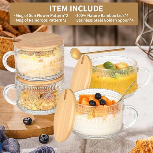 DOPUDO Vintage Glass Coffee Mugs,Overnight Oats Containers With Lids,Glass Cup With Sealed Lid and Spoon,Glass Coffee Mugs,Coffee Bar Accessories,Ideal for Cappuccino, Latte(6-Pack,14oz)