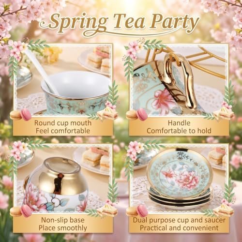 Zhehao 20 Pcs Porcelain Tea Set for Adult, with Metal Holder, Fresh