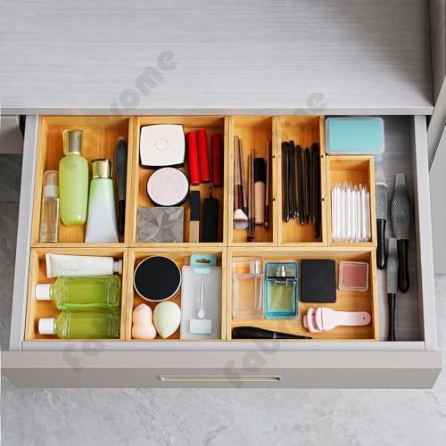 Fabsome Drawer Organizer, Set of 9 Bamboo Wood Kitchen Makeup Desk Junk Tea Drawer Storage Boxes Bins for Cutlery Silverware Utensils Flatware, Small Wooden Container Tray for Bathroom, Office
