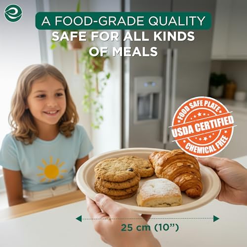 ECO SOUL 10 Inch Disposable Bagasse Paper Plates (400 Pack, Round)
