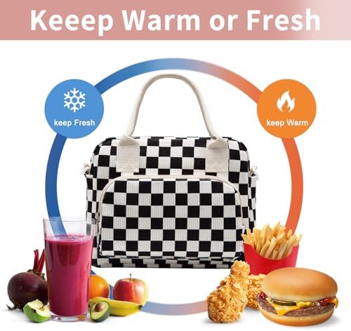 Lunch Bag Women Lunch Box for Women Adult Cute Insulated Lunch Bag Lager Cooler Lunch Tote Bags for Work Picnic (Black-White Plaid)