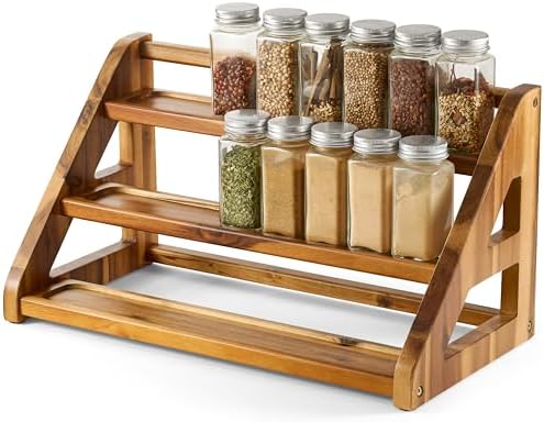 Tinamo Acacia Wood Spice Rack for Countertop, 3-Tier Design, Holds 24 Jars