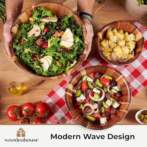 Wooden Salad Bowl Set of 3, Wavy 12" 10" 8" Wood Serving & Mixing Bowls