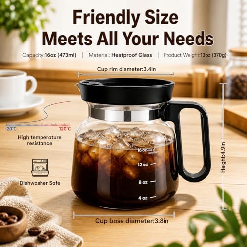 Shelprojsu 16oz Coffee Pot Mug,Glass Coffee Cups Mini Coffee Pot Coffee Mug,with Leak-proof Lid Large Capacity, For Ldeal Gift Coffee Lovers(1pc)