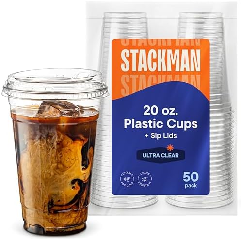 20 oz Clear Plastic Cups with Strawless Sip-Lids [50 Sets] PET Crystal Clear Disposable 16oz Plastic Cups with Lids - Crystal Clear, Durable Cup - BPA Free + Crack Resistant, for Coffee, Juice, Shakes