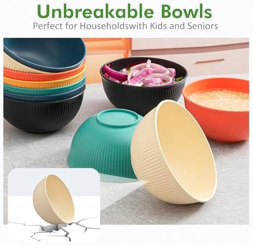 12-Pack of 24 oz Unbreakable Cereal Bowls, Reusable Plastic Lightweight Bowls, Made from Wheat Straw Fiber, Ideal for Salads, Soups, Ramen, Noodles, and Oatmeal