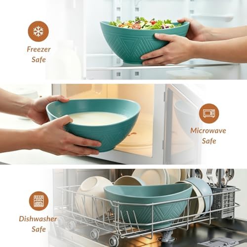 Homienly Salad Bowls 6 PCS Wheat Straw Bowls - 60oz Large Serving Bowl - Microwave and Dishwasher Safe Centerpiece Bowl Big Soup Bowl for Kitchen, Camping, Picnic, Party, Popcorn Bowl Set - Green