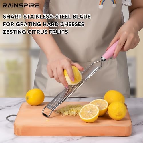 Rainspire Zester Grater with Handle, Lemon Zester Cheese Grater for Kitchen Stainless Steel, Parmesan Cheese Garlic Nutmeg Chocolate Fruits Vegetables Ginger Grater, Fine (Pink)