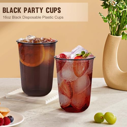 KesaPlan 100 Pcs 16oz Plastic Black Cups, Disposable Wine Cocktail Glasses