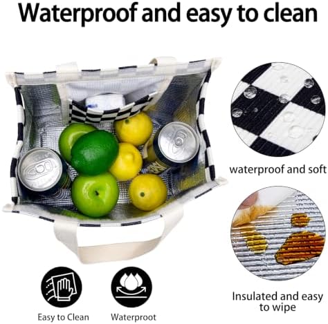 Insulated Lunch Bag for Work, 10.2"x5.9"x10.2" Oxford Waterproof Lunch Tote, Thermal Lunch Box for Office, Picnic & Outdoor, Striped Canvas Tote Bag -Check Black