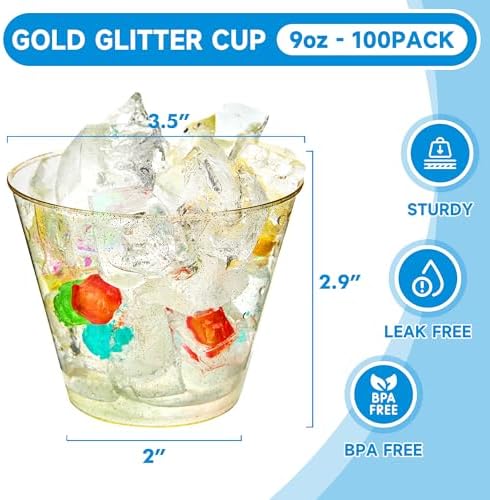 RACETOP 9 oz Gold Glitter Clear Plastic Cups, 100 Pack