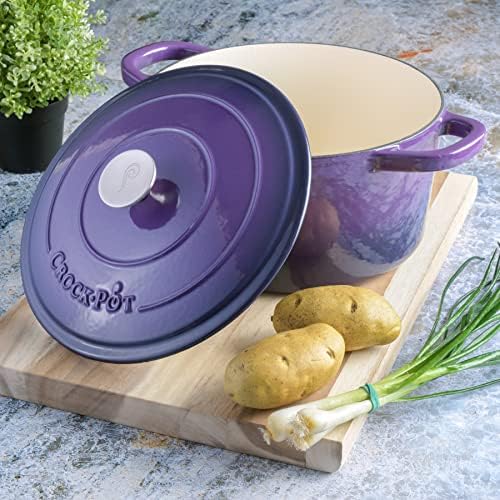 Crock-Pot Artisan 7-Quart Round Enameled Cast Iron Dutch Oven – Lavender Purple, Durable Heavy-Duty Cookware for Slow Cooking, Baking, Roasting with Lid (Pack of 2)
