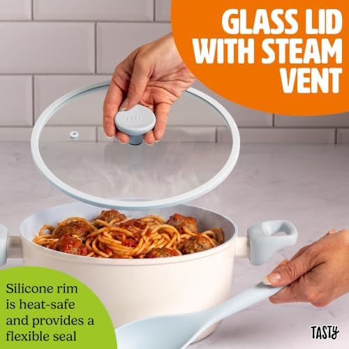Tasty Ceramic Stock Pot with Glass Lid, Silicone Spoon, Healthy Nonstick Dutch Oven, Soup Pot, Casserole, Made without PFAS, PFOA, PFOS and PTFE, Dishwasher Safe, 5-Quart, 3-Piece Set, Blue