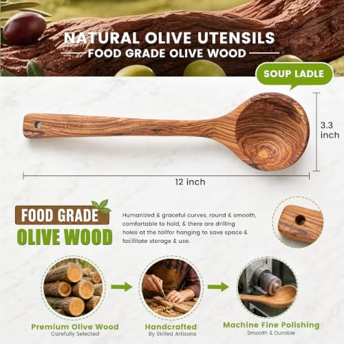 Italian Olive Wood Ladle for Soup, 12’’ Long Handle, 1.7oz Deep Bowl Head