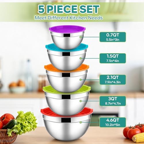 E-far Mixing Bowls with Lids Set, Stainless Steel Salad Bowls, Colorful