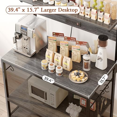 SUPERJARE Bakers Rack with Power Outlets, Microwave Stand, 39.4 X 14.3 Inch Larger Desktop, Kitchen Storage Rack with Adjustable Middle Shelf, 6 S-Shaped Hooks, Coffee Bar Stand, Grey