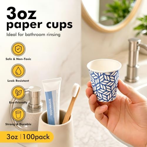 RACETOP 3 oz Bathroom Cups 100 Pack, Small Paper Cups, Blue Leaf