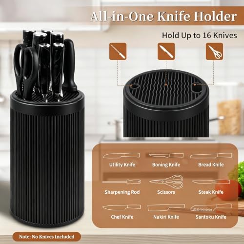 Universal Knife Block Without Knives,Round Knife Holder with Slots for Scissors & Sharpening Rod,Modern Sandstone Look Knife Organizer,Safe Space Saver Knife Storage Stand for Kitchen - Matte Black