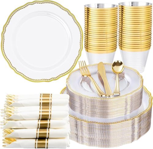 Hioasis 175 Pcs Clear Gold Plastic Plates Wedding & Party