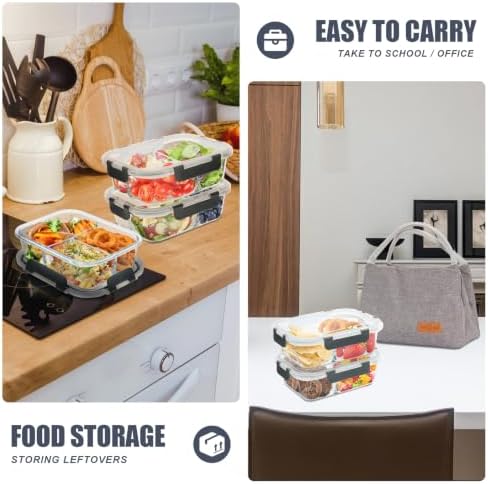 6 Pack 3 Compartment Glass Meal Prep Containers with Lids, 34oz, Grey