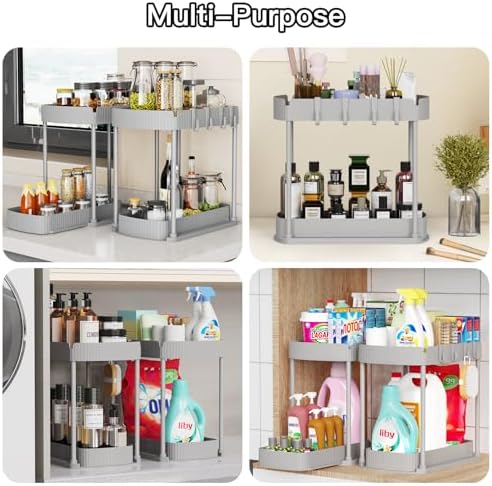 2 Packs Under Sink Pull-Out Storage Organizers, 14.8 Inches, Grey
