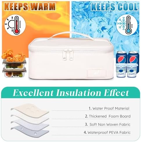 NOL Insulated Lunch Bag for Adults – Compact Cooler Lunch Box with Food-Grade Lining, Waterproof Lunch Bag for Work, Travel | Portable Thermal Meal Tote with Handle, Cream