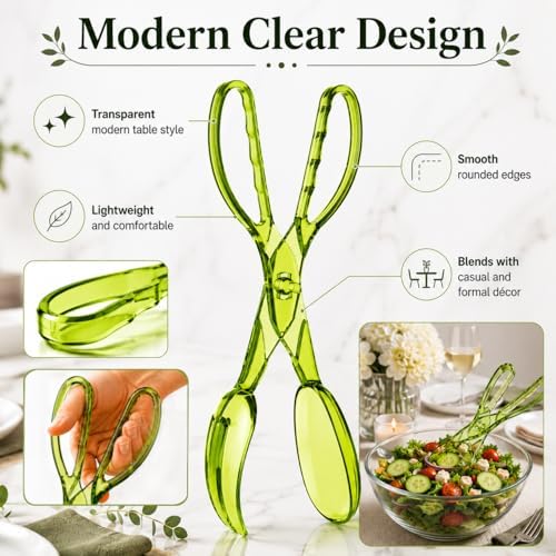 HIC Kitchen Salad Tong, Hinged Design, Detachable Fork and Spoon Green