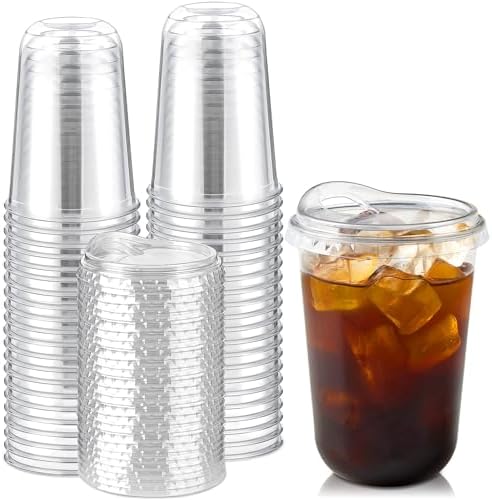 16 oz Clear Plastic Coffee Cups with Sip Lids, 50 Sets