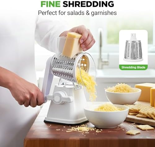 NutriChef 3 in 1 Cheese Grater & Shredder | Strong Suction Base, Rotary Handle with Safety Lock | Includes Hand Crank & 3 Drum Blades for 3 Textures, Fine, Medium & Strips | White