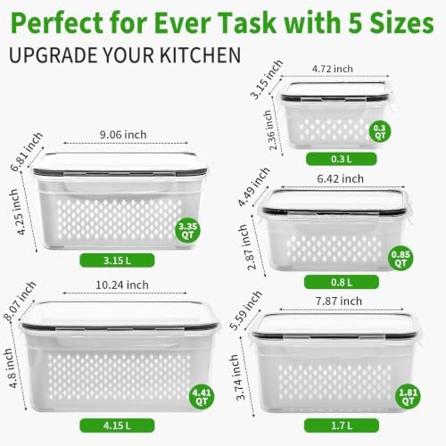 PRAKI Fruit Storage Containers for Fridge with Removable Colander, 5-Pack