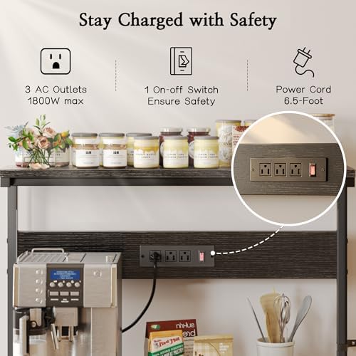 SUPERJARE Bakers Rack with Power Outlets, Microwave Stand, 39.4 X 14.3 Inch Larger Desktop, Kitchen Storage Rack with Adjustable Middle Shelf, 6 S-Shaped Hooks, Coffee Bar Stand, Black