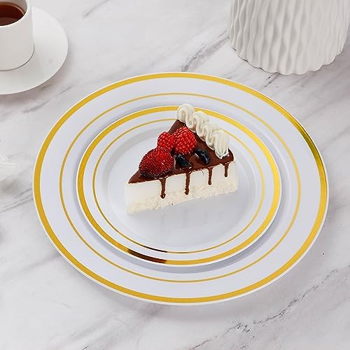 Goodluck 200PCS Gold Plastic Plates, Heavy Duty Disposable Gold Plates with 100 10.25 inch Dinner Plates and 100 7.5 inch Dessert Plates for Party, Holiday, Wedding, Thanksgiving (Pack of 2)