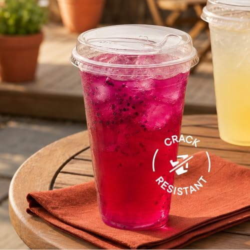 24 oz Clear Plastic Cups with Strawless Sip-Lids [50 Sets] PET Crystal Clear Disposable 16oz Plastic Cups with Lids - Crystal Clear, Durable Cup - BPA Free + Crack Resistant, for Coffee, Juice, Shakes