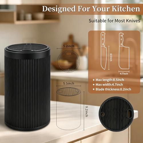 Universal Knife Block Without Knives,Round Knife Holder with Slots for Scissors & Sharpening Rod,Modern Sandstone Look Knife Organizer,Safe Space Saver Knife Storage Stand for Kitchen - Matte Black